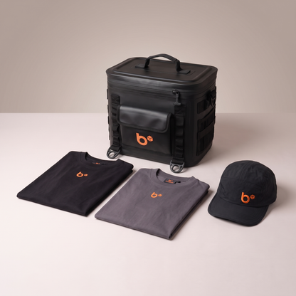 THE FULL KIT by b.cubed – THE CUBE lunchbox, 5 panel work cap and two work tees laid out together