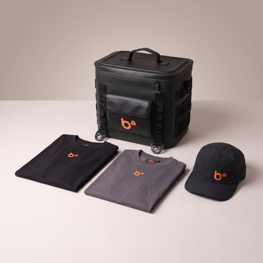 THE FULL KIT by b.cubed – THE CUBE lunchbox, 5 panel work cap and two work tees laid out together